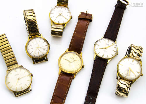 Six gold plated vintage gentlemens wristwatches, including an Allaine automatic, two from Oris, an