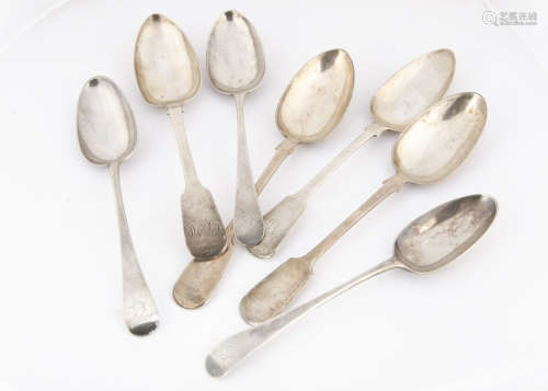 Three George III silver old English pattern tablespoons, together with a pair of Victorian silver