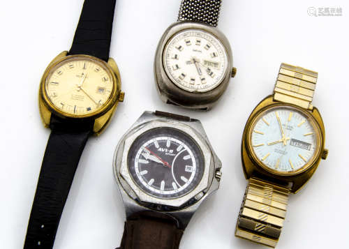 Four retro gentlemens wristwatches, including a gilt Avia-Matic with light blue dial, an AVI-8 Sport