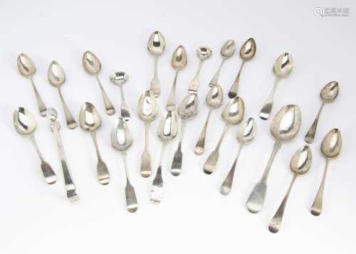 A collection of Georgian and later silver teaspoons, together with a silver dessert spoon and a pair
