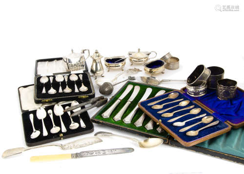 A collection of Georgian and later silver and silver plated teaspoons and more, including three sets