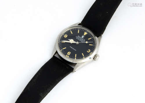 A late 1950s Rolex Oyster Perpetual Explorer stainless steel gentleman~s wristwatch, 34mm case,