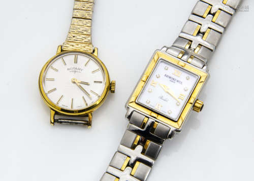 A Raymond Weil stainless steel and gold plated lady~s wristwatch, 20mm wide with mother of pearl