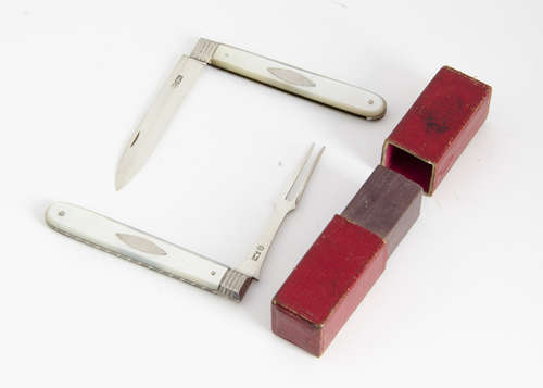 A George III silver and mother of pearl campaign folding knife and fork set, with red card box