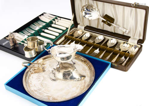 A collection of silver and silver plate, including a cased set of six silver spoons with tongs, pair