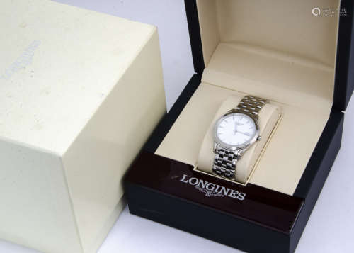 A modern Longines quartz stainless steel gentleman~s wristwatch, 35mm case, white dial with batons