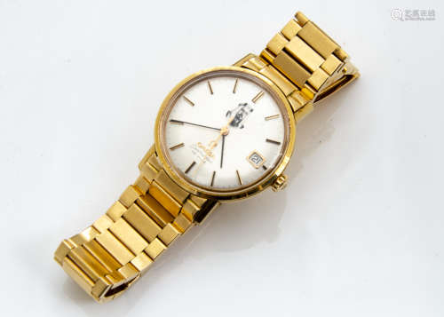 An interesting 1960s Omega Seamaster De Ville 18ct gold gentleman~s wristwatch, 34mm case, silver