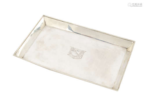 A George III silver pen tray by W.A, rectangular with engraved family crest, London 1795, 6.2 ozt,