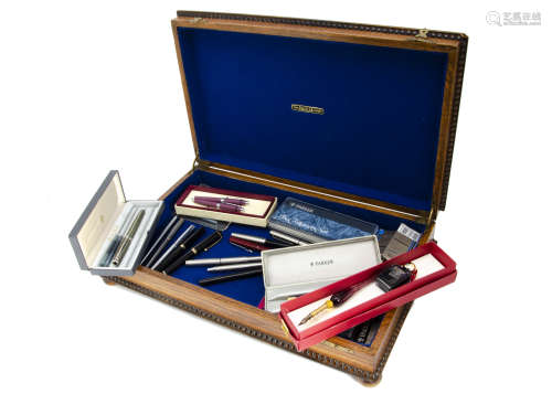 A collection of fountain and other pens, including three boxed Parker fountain pen, other Parker