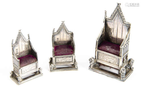 A set of three George V coronation miniature silver throne pin cushions by L&S, London 1910, each