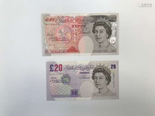 Two modern British bank notes, with a Bailey £50 and £20
