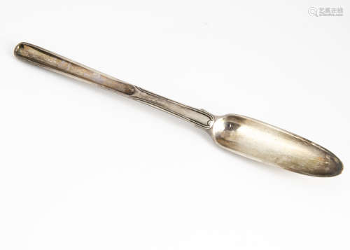 A late George III silver marrow scoop by TB, with family crest of horse~s head to underside,