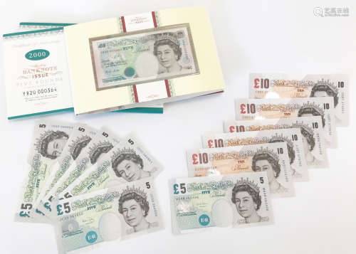 Twelve modern British bank notes, including three Bailey £10, a Salmon £10, a Cleland £10, a