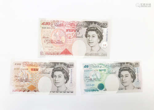 Three modern British bank notes, all from Chief Cashier Graham Kentfield, including a £50 (H26