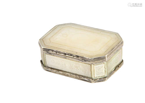 A 19th Century mother of pearl box, elongated octagonal form with engraved panels and silver