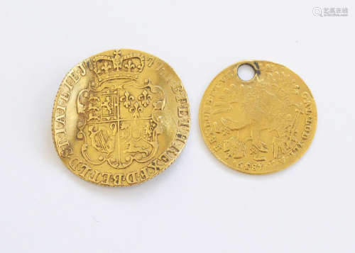 A damaged George III gold guinea, dated 1777 and bent in two places, together with an 1839