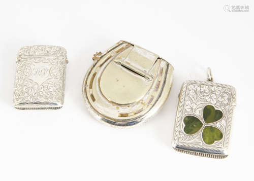 A late Victorian silver and hardstone inlaid clover vesta case, together with a horseshoe shaped