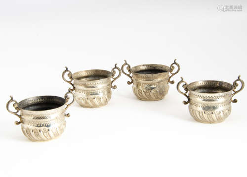 A set of four Victorian salts by JHR, London 1887, porringer style with twin handles, 5cm high
