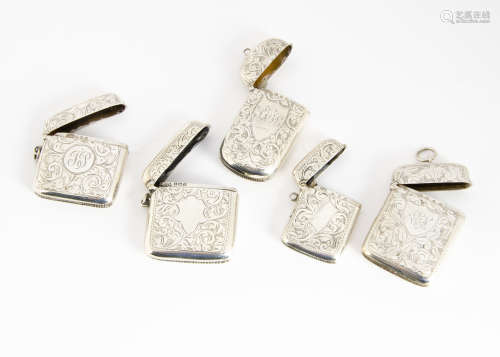 Five Victorian and later silver vesta cases, two square, two rectangular and one oblong, all with