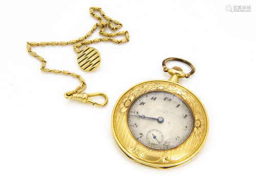 An early 20th Century French 18ct gold pocket watch, slim 46mm case, with wide engraved bezel and