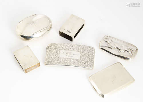 Six Victorian and later collectable items of silver, including a calling card case, two matchbox