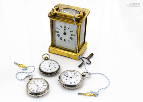 Three Victorian silver open faced pocket watches and a carriage timepiece AF