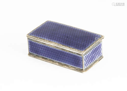 An early 20th Century silver and enamel stamp box, rectangular with purple guilloche enamel, 6cm