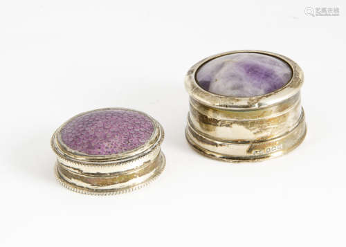 An early 20th Century silver and amethyst circular box, together with another circular box with