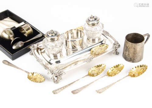 A harlequin set of six Georgian silver berry spoons, together with a George V Christening tankard