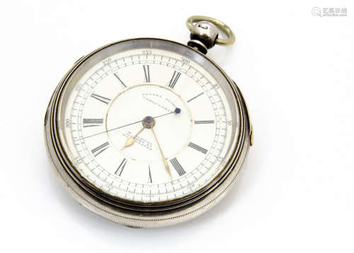 A large Victorian silver chronograph open faced pocket watch, 59mm, marked H. Samuel to the dial,