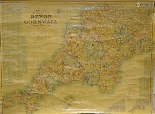 A Victorian Bacon's Excelsior map of Devon and Cornwall, showing railways, roads, elevations and