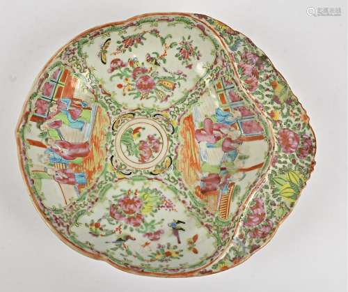 A 19th Century Chinese canton famille rose porcelain moulded dish, the body of the dish decorated