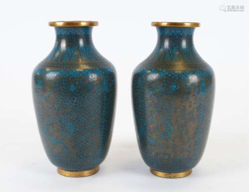 A pair of Asian cloisonné enamel vases, with uniform turquoise colouring, the intricate metalwork