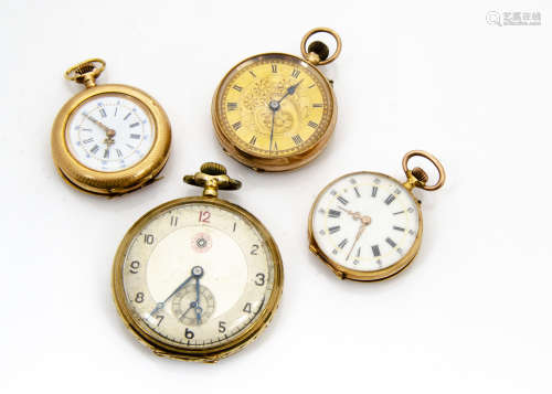 Four late 19th and early 20th Century gold ladies open faced pocket watches, two marked 18k, one