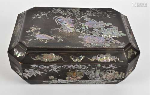 A Japanese Meji period mother of pearl inlaid jewellery box, of cushion hexagonal shape decorated