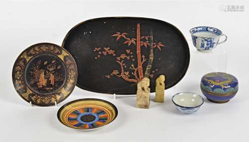 A collection of Asian works of art, including a cloisonne box and cover decorated with dragon and