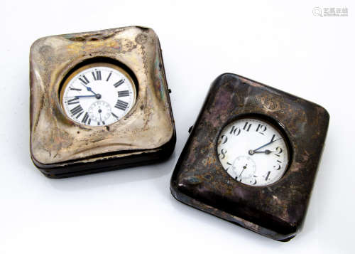 Two late Victorian silver fronted Goliath pocket watch stands, AF, each with a Goliath open faced