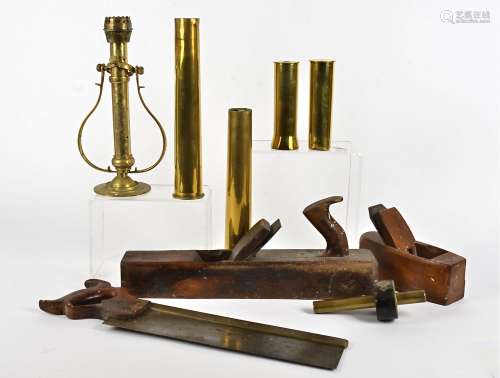 A collection of brassware and tools, including a gimbal lamp, brass marking gauge, saw and more (