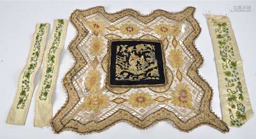 Three 19th Century Chinese silk sleeve cloths, embroidered with scrolling vines and flowers in