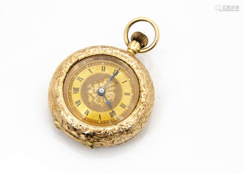 A late Victorian 15ct gold lady~s pocket watch, engraved to rear cover and thick bezel, gilt dial,
