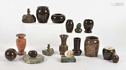 A quantity of serpentine stone wares, including one taking the form of an inkwell, three with