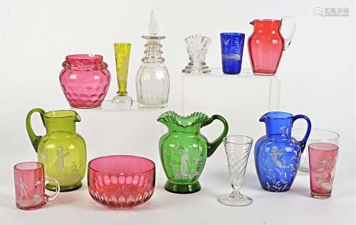 Three Mary Gregory 19th and 20th Century glass jugs, one blue example with a putti, one with a