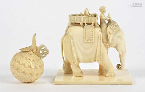 Two ivory and bone objet d'art, the first a study of an elephant with riders, height 6.5cm, a/f with