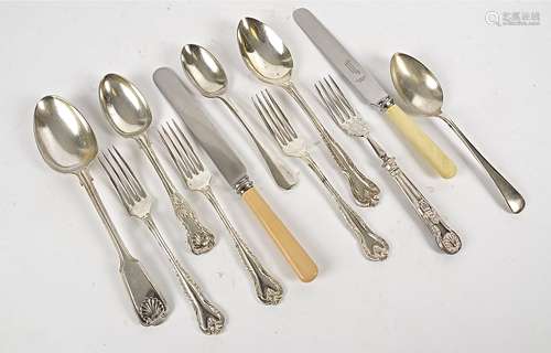 20th Century British silver plated flatware, including knives, forks and spoons in assorted sizes