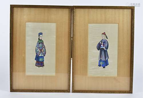 A pair of Chinese watercolour studies, of a man and a lady in traditional fine attire, framed and