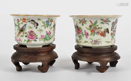 A near pair of 19th Century Chinese Famille Rose plant pots, of miniature size, decorated with