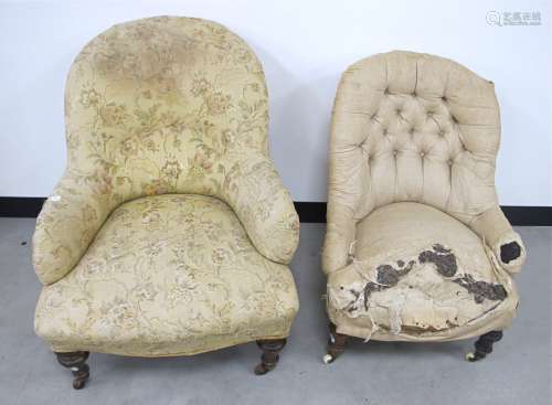 Two Victorian button-back chairs, one with beige floral upholstery, both raised on turned walnut