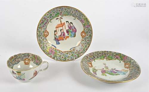 A 19th Century Chinese Canton teabowl and a pair of matched shallow shaped dishes, teabowl AF,