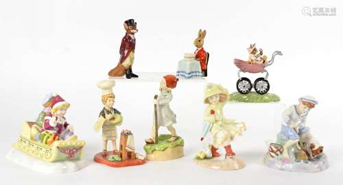 A collecton of Royal Doulton figures, including 'Happy Birthday Bunnykins' DB21, 'Caught One', '