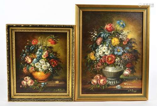 Two 20th Century oil on canvas still life paintings, both with indistinct signature to lower